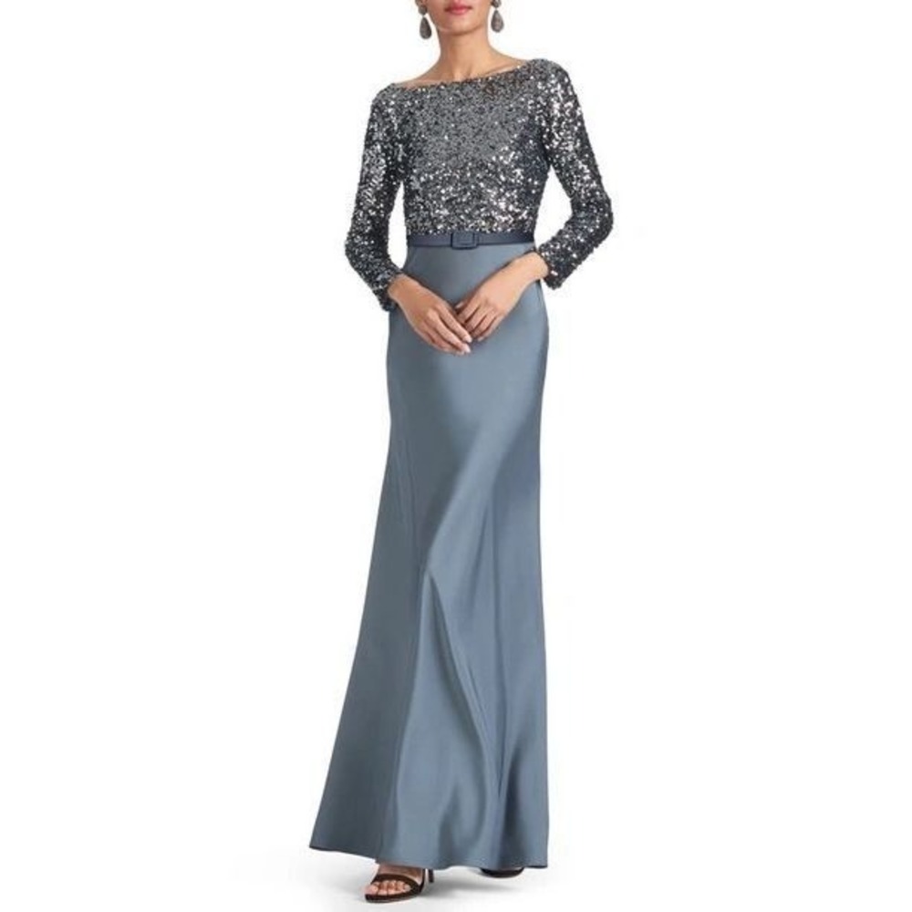 Sachin & Babi NWT Colette Gunmetal Sequin & Satin Gown Size 2 MSRP $950